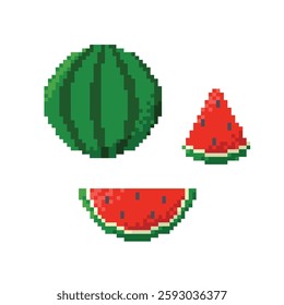 Pixelated whole watermelon and two ripe pieces. Tasty watermelon in 8-bit design. Vector in 90s style
