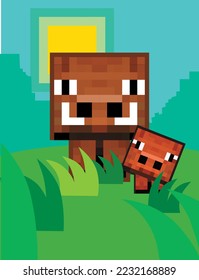 Pixelated wild boar with a cub in nature