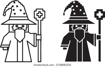 Pixelated wizard character in outline and silhouette holding a magical staff icon isolated on white background