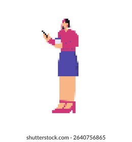 A pixelated woman in pink and blue holds a smartphone, wearing heels, styled in a retro mosaic look.