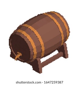 Pixelated Wooden barrel with tap. Pixel Art Vector 3d illustration. Isometric projection. Isolated on white background.
