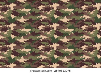 Pixelated Woodland Camouflage Seamless Pattern – Military Tactical Design. Flat design digital camo pattern.