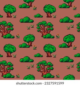 Pixelated woods or forest with trees, flowers and bushes. Flora and vegetation of nature, game development design and location. Seamless pattern, wallpaper background or print. Vector in flat style