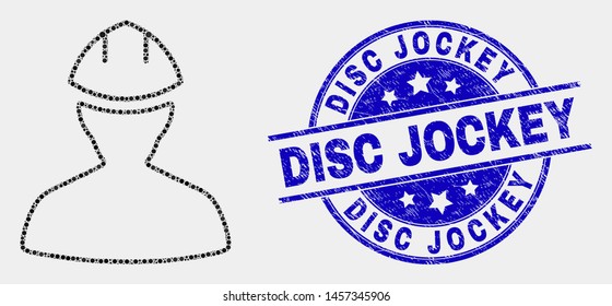 Pixelated worker mosaic icon and Disc Jockey seal stamp. Blue vector rounded distress seal stamp with Disc Jockey message. Vector combination in flat style.