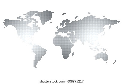 Pixelated world map isolated on white background. Stylized dotted vector Earth template for website, infographics, design. Modern flat illustration.