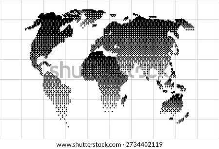 Pixelated world map showing continents in black dots. Digital representation of global geography for technology and data visualization concepts.