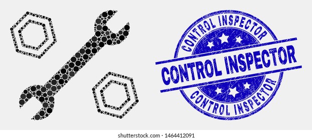 Pixelated wrench and nuts mosaic icon and Control Inspector seal stamp. Blue vector rounded textured seal stamp with Control Inspector caption. Vector combination in flat style.