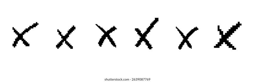 Pixelated x symbols and a check mark in the center represent error detection and approval signs.