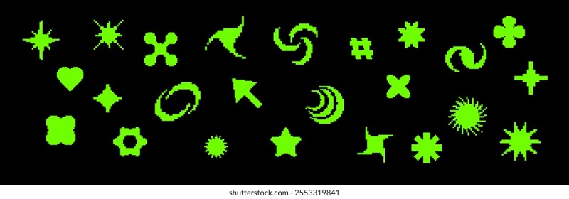 Conjunto de elementos Y2K pixelizados com ícones retro, incluindo setas, estrelas e partículas digitais. Perfeito para adicionar vibrações de jogos de computador dos anos 80 e 90 com formas simples e abstratas e uma estética vintage.