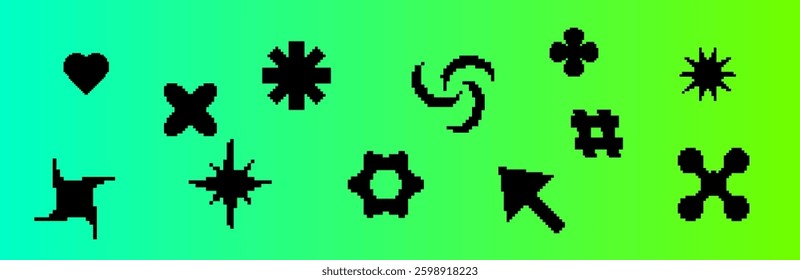 Pixelated Y2K icon set with black digital shapes, featuring blasts, stars, and wave patterns. Great for adding a 90s inspired touch to technology themed graphics.