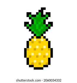 Pixelated yellow pineapple. Gold game fruit with green tops. Tropical ripe symbol with vector scales
