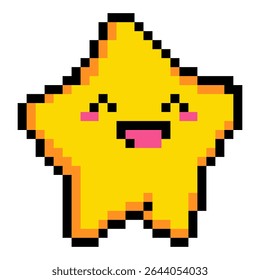 Uma estrela amarela pixelada com um rosto sorridente e lábios rosados. A estrela está sorrindo e ele está feliz