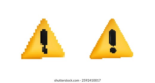 Pixelated yellow warning signs, each featuring a black exclamation mark in a triangular shape.