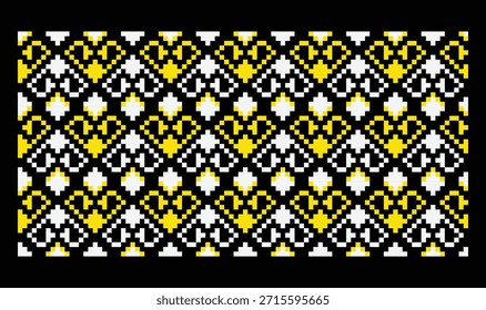 Pixelated yellow and white hearts repeat ornament on black background, inspired by Ukrainian embroidery motifs