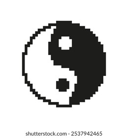 Icono de Yin Yang pixelado. Símbolo de equilibrio y armonía en estilo retro del arte del píxel. Símbolo de filosofía oriental que representa la dualidad y el equilibrio. Ilustración vectorial aislada.