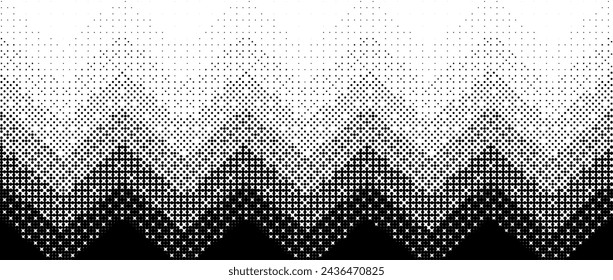 Pixelated zig zag line gradient texture. Black dithered gradation background. Retro bitmap video game wallpaper. Vintage pixel halftone 8 bit overlay print. Vector zigzag striped fading backdrop