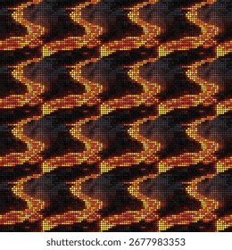 Pixelated zigzag waves in fiery yellow and orange pulse across a dark grid—bold, rhythmic, and full of digital energy.
