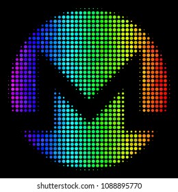 Pixelated-like bright halftone Monero currency icon in rainbow color shades with horizontal gradient on a black background.
