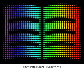 Pixelated-look bright halftone open book icon drawn with spectrum color variations with horizontal gradient on a black background. Colored vector mosaic of open book illustration done with circle pixels.