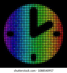 Pixelated-look colorful halftone clock icon in spectral color variations with horizontal gradient on a black background. Bright vector composition of clock pictogram organized with spheric items.
