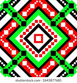 A pixel-based tribal pattern showcasing a central green and red diamond shape on a clean white background.