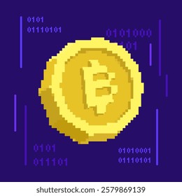 Pixeled 3D Cryptocurrency Bitcoin Token Illustration In Flat Design. Perfect For Blockchain, NFT, Trading, Digital Currency, Financial Growth, Business Innovation, Technology, And Investment Concepts.