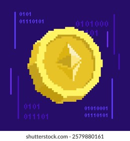 Pixeled 3D Cryptocurrency Ethereum Token Illustration In Flat Design. Perfect For Blockchain, ETH, Trading, Digital Currency, Financial Growth, Business Innovation, Technology, And Investment Concepts
