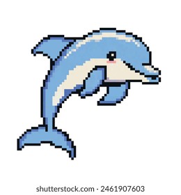 Pixeled Cartoon Dolphin character. Summer vacation icons set in pixel art design isolated on white background, 80s-90s, digital vintage game style