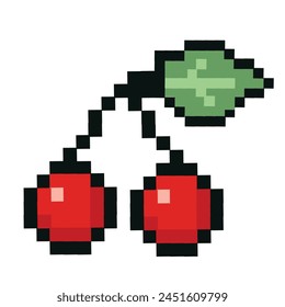  Pixeled cherry. Summer vacation icons set in pixel art design isolated on white background, 80s-90s, digital vintage game style