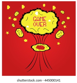 Pixeled explosion, video game, Vector illustration