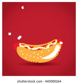 Pixeled hot dog, video game, Vector illustration