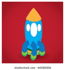 Pixeled rocket, video game, Vector illustration