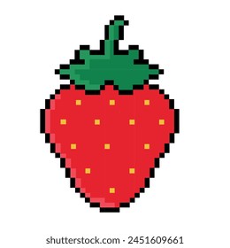  Pixeled strawberry. Summer vacation icons set in pixel art design isolated on white background, 80s-90s, digital vintage game style.