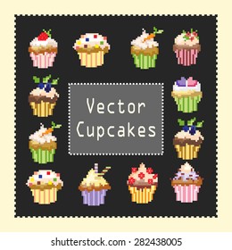 pixeled vector cupcekes on a gray background
