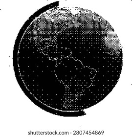 A pixeleted halftone illustration of the Earth globe, symbolizing the world, global communication, and interconnectedness. Ideal for international or environmental themes.