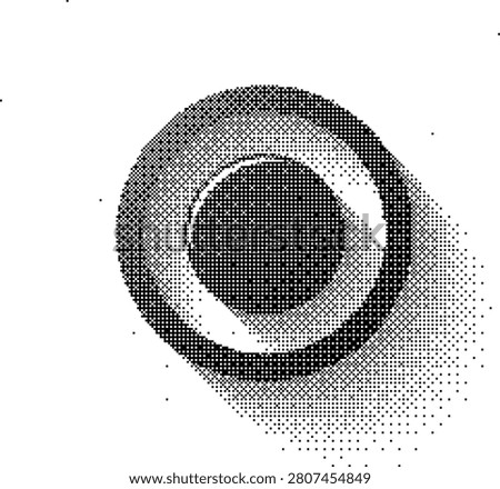 A pixeleted halftone illustration of a record button, symbolizing media recording, audio, and video creation. Suitable for production or creative themes.