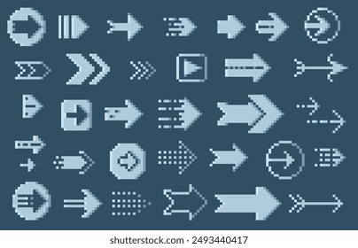 Pixeleted retro arrows. 8 bit navigation cursors, pixel game UI elements, retro 90s app icons. Vector square pointer symbols collection