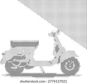 A pixeleted retro halftone dotted dither monochrome motorcycle illustration in minimalist graphic style perfect for vintage abstract design projects. This blackandwhite vector features dotart bikedesign elements ideal for graphicdesign and pr...