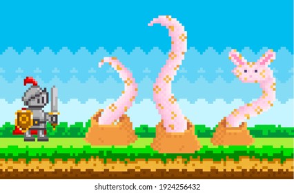 Pixel-game abstract layout. Knight battling with alien plants with tentacles on green grass on fantasy glade. Pixelated vector background. Space meadow with pink fantastic organism grow out of craters