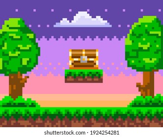 Pixel-game background with chest in sky. Pixel art game scene with green grass platform and tall trees against blue sky and pixelated wooden box with lock. Pixel style landscape vector illustration