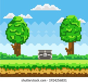 Pixel-game background with chest in sky. Pixel art game scene with green grass platform and tall trees against blue sky and pixelated wooden box with lock. Pixel style landscape vector illustration