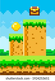 Pixel-game background with coins in blue sky. Pixel art game scene with green grass platform and wooden chest against blue sky and pixelated golden money. Pixel style landscape vector illustration