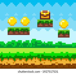 Fondo de juego de píxeles con monedas en cielo azul. Escena de juegos de arte de Pixel con plataforma de césped verde y pecho de madera contra cielo azul y dinero dorado pixelado. Ilustración vectorial de estilo de píxeles