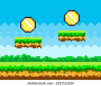 Pixel-game background with coins flying in sky. Pixel art game scene with green grass platform against blue sky and pixelated awards golden money. Pixel style meadow landscape vector illustration