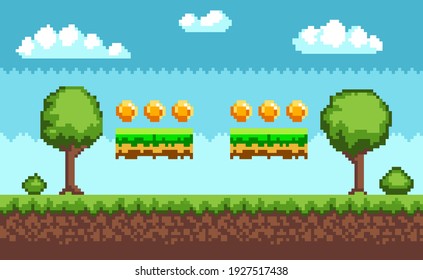Pixel-game background with coins flying in sky. Pixel art game scene with green grass and tall trees against blue sky and pixelated golden money. Pixel style forest landscape for mobile application