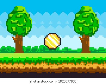 Pixel-game background with coins flying in sky. Pixel art game scene with green grass and tall trees against blue sky and pixelated golden money. Pixel style forest landscape vector illustration