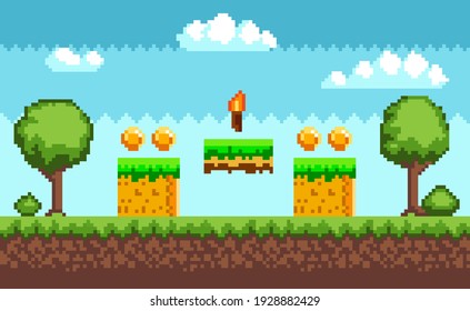 Pixel-game background with coins flying in sky. Pixel art game scene with green grass and tall trees against blue sky and pixelated golden money. Pixel style forest landscape for mobile application