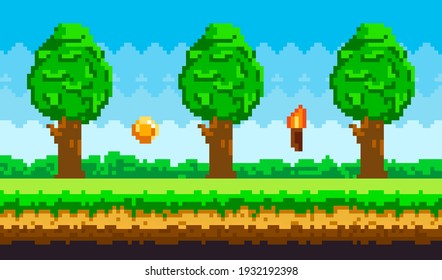 Pixel-game background with coins flying in sky. Pixel art game scene with green grass and tall trees against blue sky and pixelated golden money. Pixel style forest landscape for mobile application