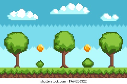 Pixel-Game-Hintergrund mit in den Himmel fliegenden Münzen. Pixelkunst-Spielszene mit grünem Gras und hohen Bäumen auf blauem Himmel und verpixeltem goldenem Geld. Vektorgrafik im Stil von Pixel-Wald