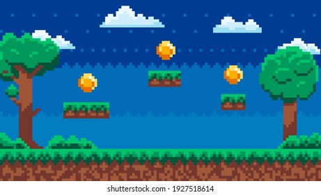 Pixel-game background with coins in sky at night. Pixel art game scene with green grass and tall trees against blue sky and pixelated golden money. Pixel style forest landscape vector illustration